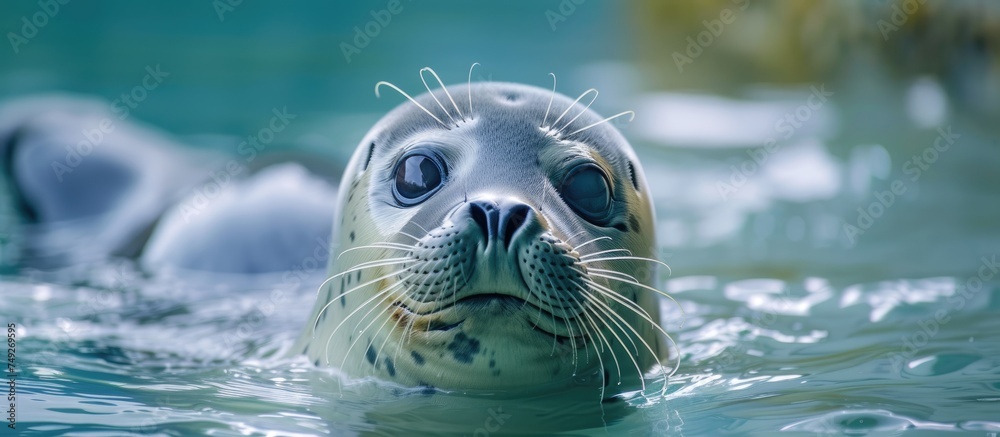 A seal gracefully swims in a pool of water at the seal sanctuary in Hel, Poland. The seals sleek body moves effortlessly through the water, creating ripples on the surface.