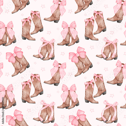 Coquette Cowgirl boots with pink bow Seamless Pattern. Retro Feminie Watercolor Western Chic repeating pattern.