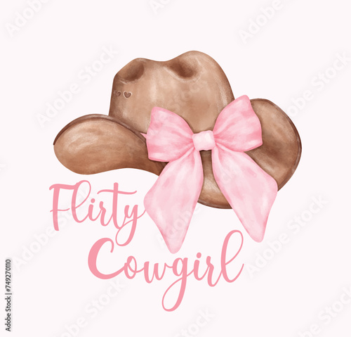 Watercolor Coquette Cowgirl Hat with pink bow. Feminine  Whimsical Illustration