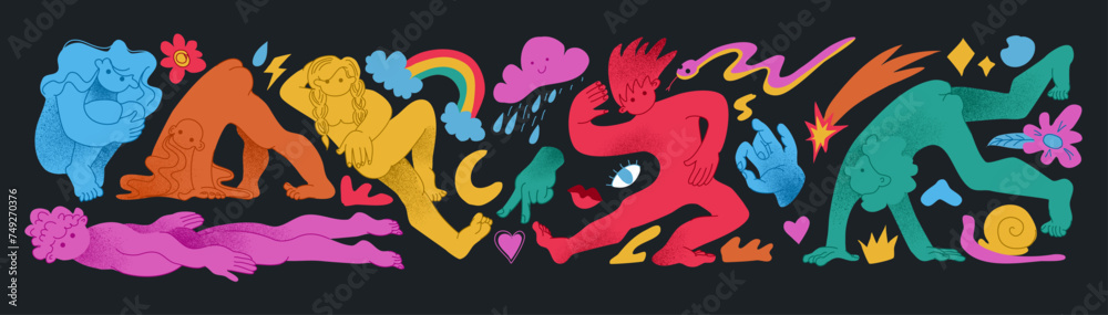 Obraz premium People poses. Cubism design. Flowers and clouds rainbow. Geometric face. Trendy psychedelic shapes. Happy man and woman portrait. Naked body. Hand drawn person figures. Vector abstractor symbols set