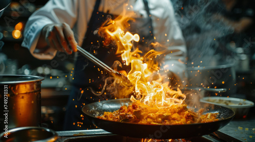 Professional chef in a commercial kitchen cooking with flames in a frying pan, capturing the dynamic movement of food preparation in a culinary environment.