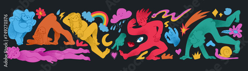 People poses. Cubism design. Flowers and clouds rainbow. Geometric face. Trendy psychedelic shapes. Happy man and woman portrait. Naked body. Hand drawn person figures. Vector abstractor symbols set