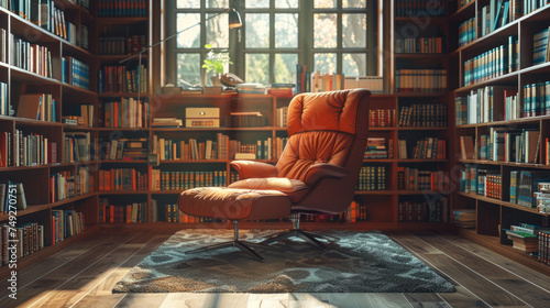 A cozy home library with a stylish leather armchair in the center, bookshelves filled with books, warm lighting, a large window, and a patterned rug on wooden flooring.