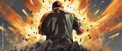 A man is standing in front of a large explosion. The explosion is so big that it is almost as big as the man. The man is wearing a green shirt