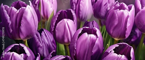 A bunch of purple tulips are in a vase. The flowers are purple and have green leaves