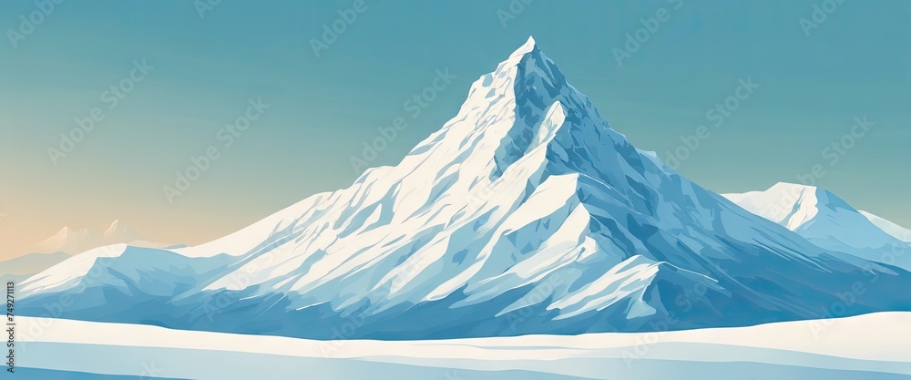 A mountain range covered in snow with a blue sky in the background. The mountain is the main focus of the image, and the snow-covered landscape creates a serene and peaceful atmosphere