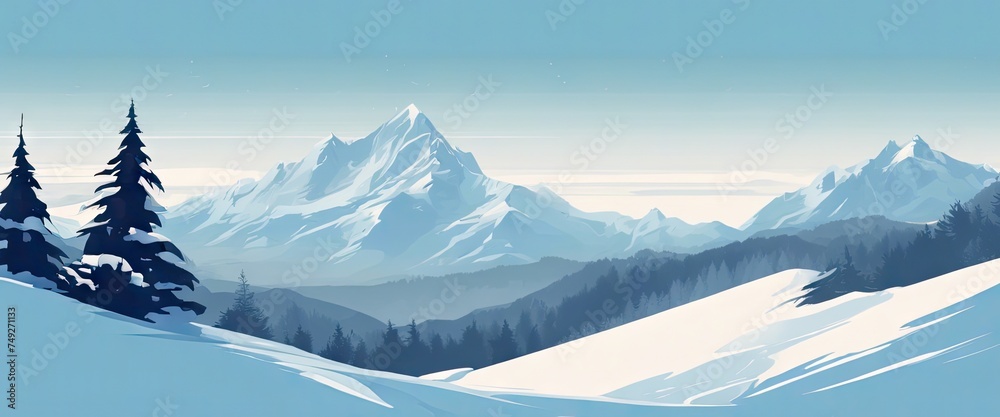 A mountain range with snow-covered trees and a blue sky. The mountains are tall and majestic, and the snow-covered trees add a sense of tranquility to the scene. Scene is peaceful and serene
