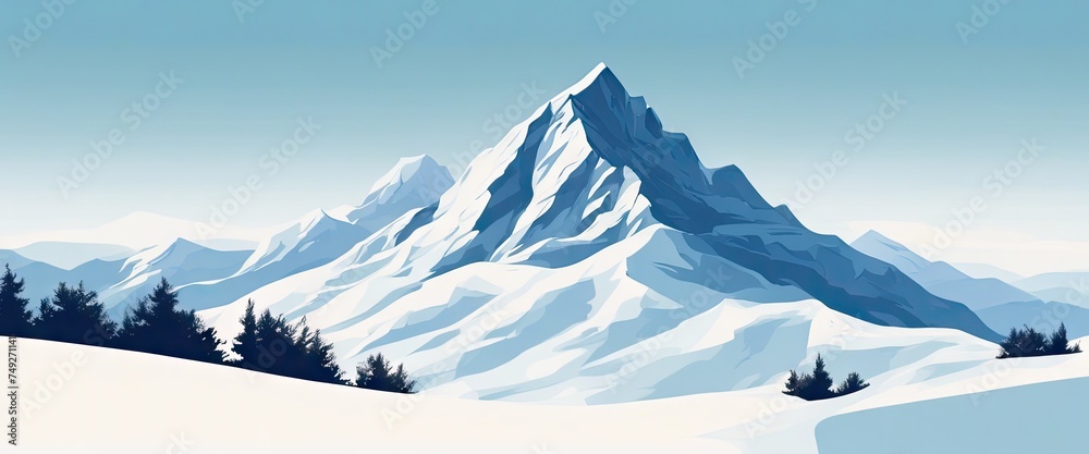 A mountain range covered in snow with a blue sky in the background. The mountains are tall and majestic, and the snow-covered landscape gives a sense of tranquility and serenity