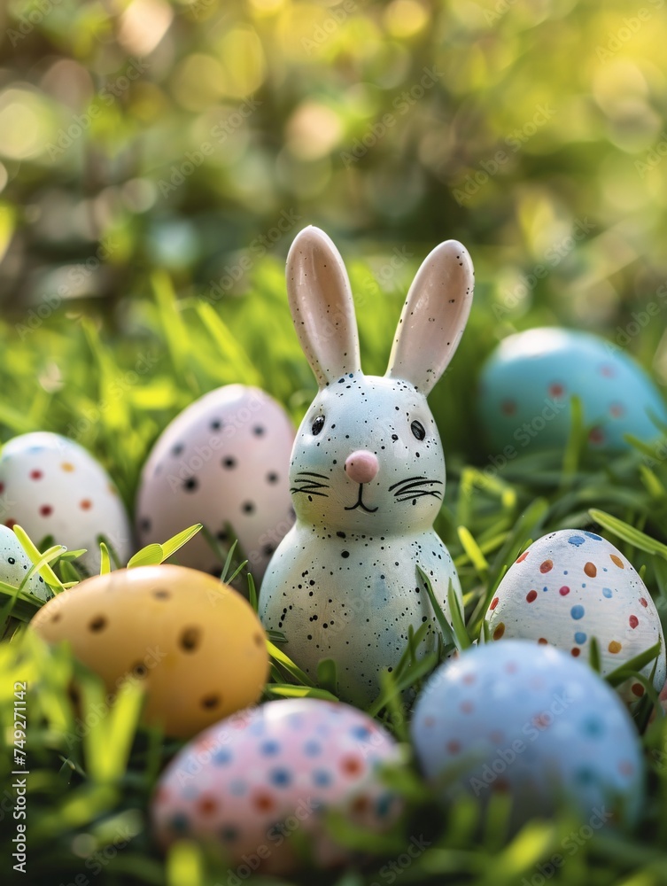 Eggs and adorable rabbit in lush lawn. Holiday adornment. Joyful Easter!