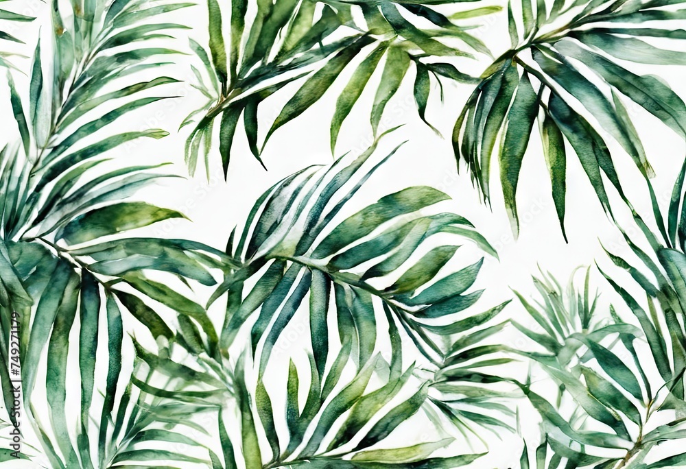 painting green leaves with a white background. leaves are painted in a way that they look like they are moving, giving the painting a sense of motion and life.  overall mood painting is calm  peaceful
