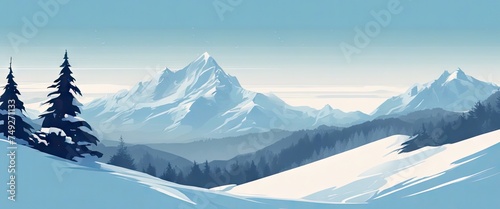 A mountain range with snow-covered trees and a blue sky. The mountains are tall and majestic, and the snow-covered trees add a sense of tranquility to the scene. Scene is peaceful and serene