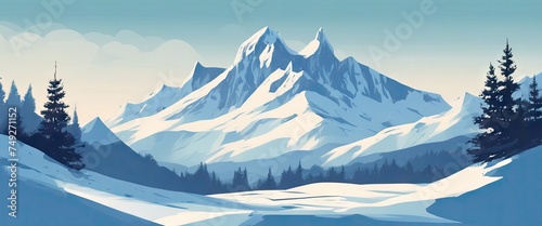 A mountain range with snow and trees in the foreground. The mountains are very tall and the snow is very white. The sky is blue and there are no clouds. The scene is very peaceful and serene © Павел Кишиков
