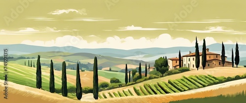 A painting of a vineyard with a house in the distance. The mood of the painting is peaceful and serene