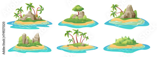 Tropical island. Sea beach. Summer nature. Mountain and palm trees. Jungle plants. Uninhabited rock in water. Ocean sand coast. Caribbean scenery. Paradise resort. Vector garish cartoon landscapes set