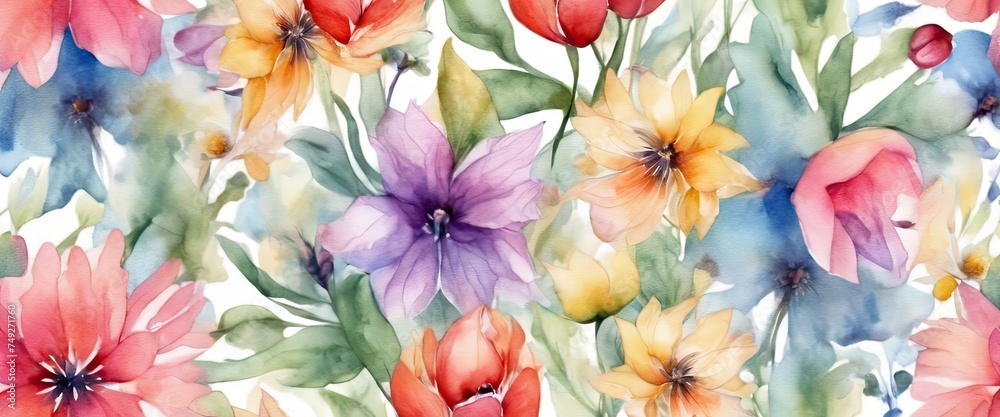 A colorful floral painting with a variety of flowers including daisies, roses, and tulips