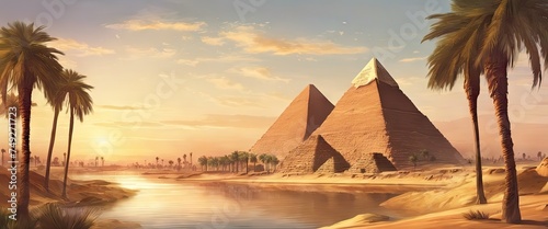 A beautiful painting of the pyramids of Giza with palm trees in the background. The painting captures the essence of the ancient Egyptian civilization and the majestic beauty of the pyramids.  photo