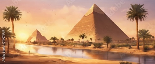 A beautiful painting of the pyramids of Egypt with palm trees in the background. The painting captures the essence of the ancient civilization and the beauty of the landscape photo