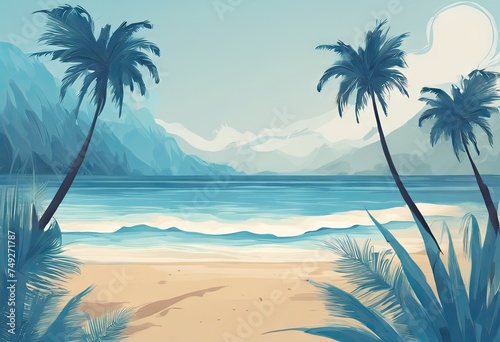 A beautiful beach scene with palm trees and a blue ocean. Scene is calm and relaxing © Павел Кишиков