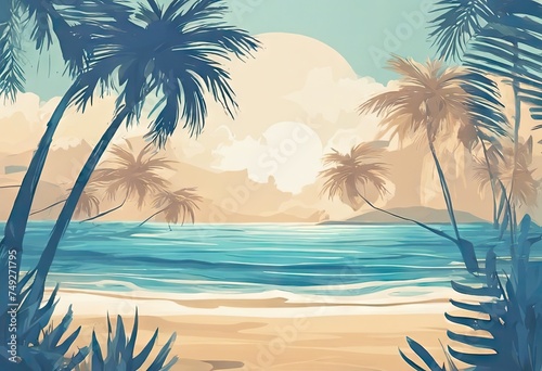 A beautiful beach scene with palm trees and a blue ocean. Scene is peaceful and relaxing