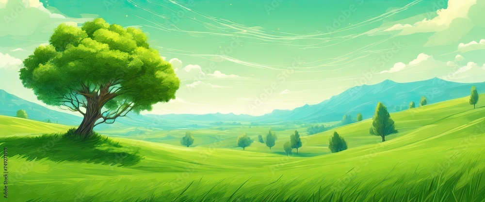 A green field with a tree in the foreground and a mountain in the background. The sky is clear and the sun is shining