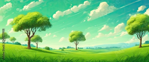 A green field with trees and a blue sky. The trees are spread out across the field  with some closer to the foreground and others further back. The sky is clear and bright  with no clouds in sight