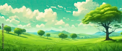  lush green field with a large tree in the foreground. sky is cloudy, but the sun is shining through clouds. The scene is peaceful serene, with the trees grass creating a sense of calm tranquility