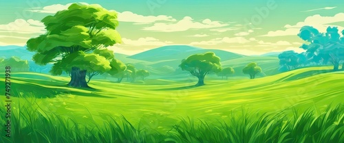 A lush green field with a tree in the foreground. The sky is blue and the grass is tall