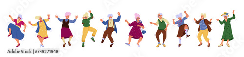 Elderly people dance. Senior dancers. Old woman and man. Party music. Grandmother and grandfather dancing. Healthy lifestyle. Retirement fun. Active choreography motions set. Vector tidy illustration
