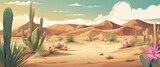 A desert scene with a few cacti and a few pink flowers. The sky is blue and the sun is setting