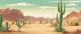 A desert scene with a few cacti and mountains in the background. Scene is peaceful and serene