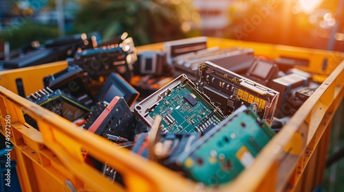 Disposing of household and discarded electronic items in a recycling bin, sorting and recycling hazardous e-waste. photo