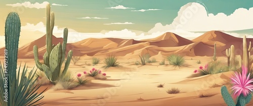 A desert scene with a few cacti and a few pink flowers. The sky is blue and the sun is setting © Павел Кишиков
