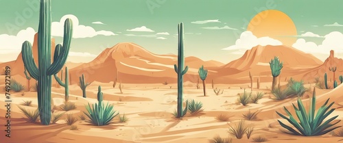 A desert scene with cacti and a sun in the sky. Scene is peaceful and serene © Павел Кишиков