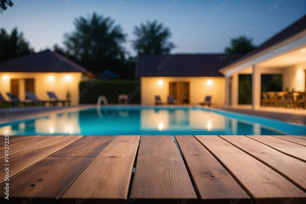 Empty wooden table in front with blurred background of swimming pool in the evening