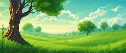 A lush green field with a tree in the foreground. The sky is clear and blue  and the grass is tall and green. The scene is peaceful and serene  with the tree providing a sense of calm and tranquility