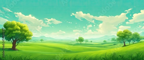 A lush green field with a few trees and a clear blue sky. The sky is dotted with clouds, giving the scene a peaceful and serene atmosphere