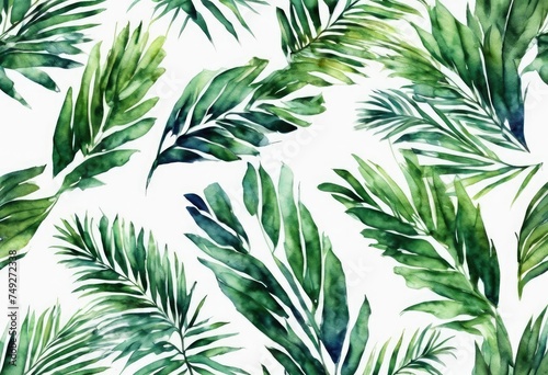 A green leafy pattern with a white background. The leaves are painted in a watercolor style