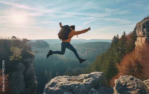 person jumping in the mountains