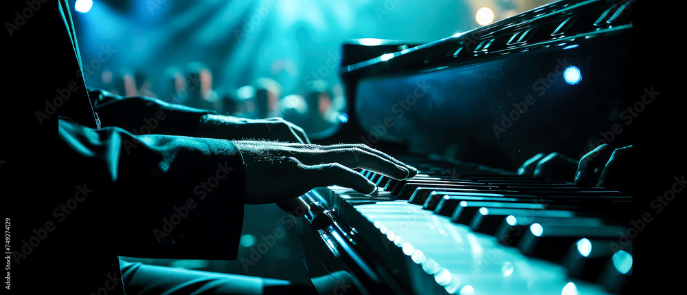 Close up of male pianist hands playing on piano on the stage. Music instrument.  Musician performance. Generative ai - obrazy, fototapety, plakaty 