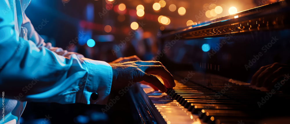 Close up of male pianist hands playing on piano on the stage. Music instrument.  Musician performance. Generative ai - obrazy, fototapety, plakaty 