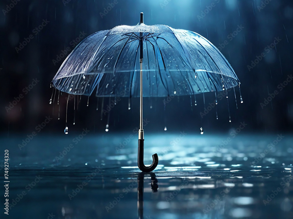 Transparent umbrella under rain against water drops splash background. Rainy weather concept in blue color