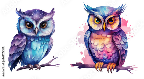 set of two clipart of owls watercolor illustration on transparent background, birds nursery