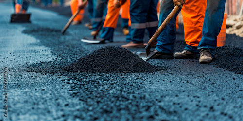 Road construction workers' teamwork, tarmac laying works at a road construction site, hot asphalt gravel leveled by workers, and road surface repair photo