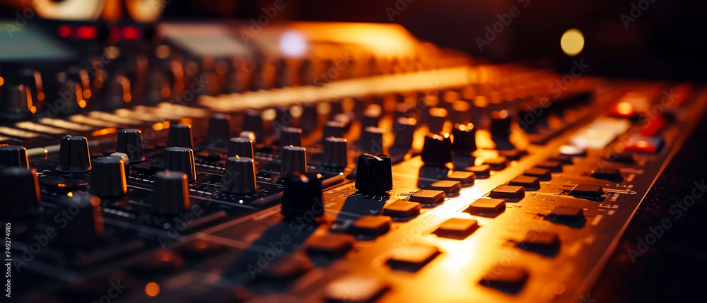 Close up of professional audio mixing board. Broadcasting. Sound studio equipment for recording music session. Sound production scene. Generative ai. - obrazy, fototapety, plakaty 