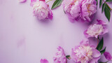 Peonies flowers top view, spring background, free space