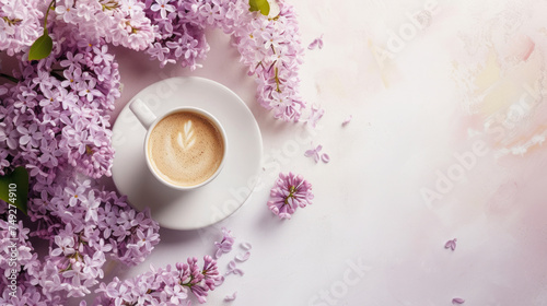 Lilac flowers and coffee top view spring background, free space
