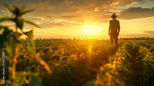 A farmer stands in a lush field at sunset  gazing over crops with a bright sky illuminating the horizon.