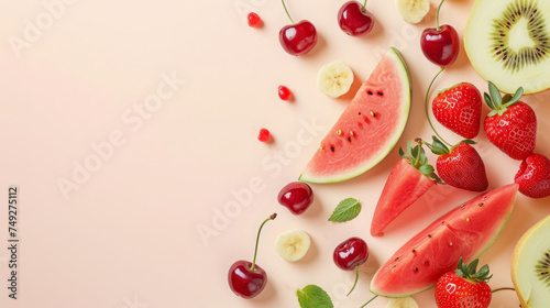 Summer fruits top view, fruits background, free space