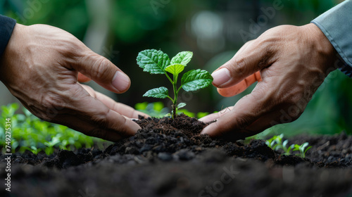Two hands nurturing a young plant growing in rich soil, symbolizing growth, care, and environmental conservation, with a blurred green natural background.