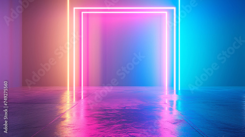 neon portal illuminates a dark room, casting vibrant reflections on the floor, creating a surreal atmosphere